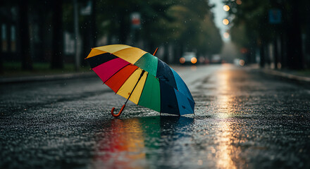 A vibrant rainbow umbrella left on a wet city street, reflecting its colors after a downpour