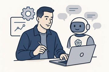 Engaging professional in thoughtful collaboration with AI assistant showcasing innovative technology and modern workflow dynamics in a productive creative workspace