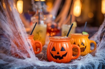 Halloween Pumpkin Mug with Orange Cocktail and Spider Web Decor