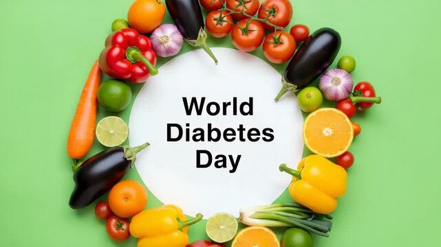 A vibrant display of fresh vegetables and fruits arranged in a circle around the message world diabetes day on a light green background, promoting health awareness