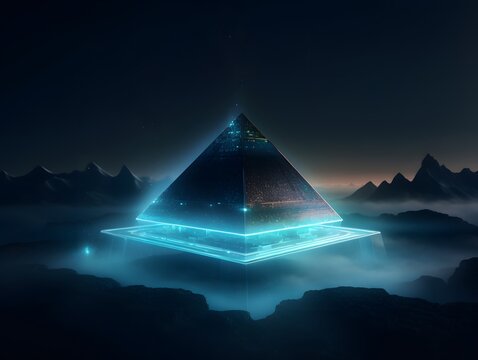 Glowing glass pyramid floating above neon-lit terrain, surrounded by data streams