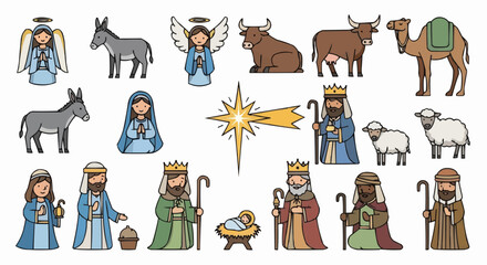 Christmas icon cartoon nativity scene illustration with mary joseph jesus angels and three wise men for christmas holiday season vector