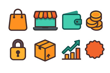 E-commerce flat icon set. featuring shopping bag, storefront, wallet, coins, lock, package, growth chart, badge