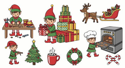 Christmas icon christmas elves preparing gifts and treats a festive holiday scene with reindeer and christmas tree art vector