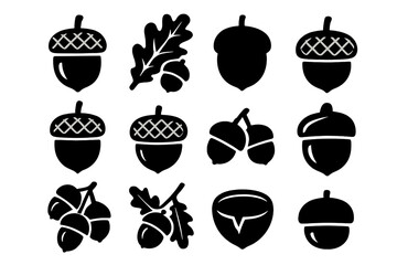 Autumn nature silhouette icon set. featuring acorn and oak leaf symbols