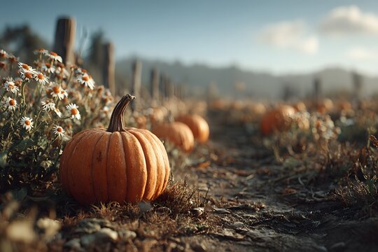 Pumpkins along rustic wooden fence - Powered by Adobe
