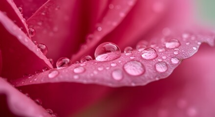 Closeup of a pink rose petal covered in water droplets showcasing reflections within each drop