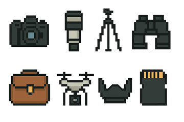 Photography equipment flat icon set. featuring camera, lens, tripod, binoculars, bag, drone, stabilizer, memory card