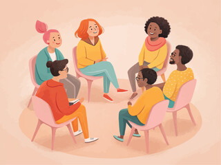 Illustration of a diverse group of people sitting in a circle on chairs during a meeting session talking