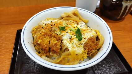 Japanese katsudon pork cutlet rice bowl with egg