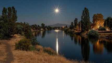 Obraz premium River reflecting moonlight surrounded by trees and grass at night.