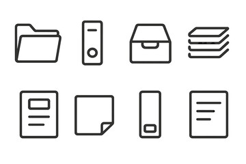 Office organization linear icon set. featuring folder, binder, drawer, tray, document, and file symbols