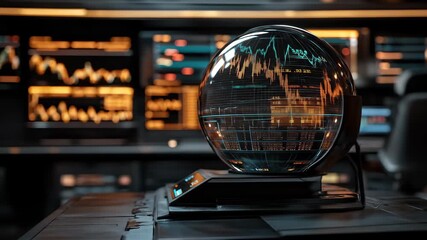 Stock globe displays data in futuristic dark trading room - Powered by Adobe