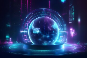 Futuristic glowing crystal ball with floating business icons and data graphs inside
