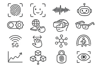 Technology and security linear icon set. featuring fingerprint, face recognition, ai, 5g, vr, blockchain, and biometrics icons