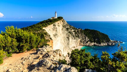 Coastal lighthouse perched atop a cliff overlooking a secluded cove with turquoise waters under a clear blue sky