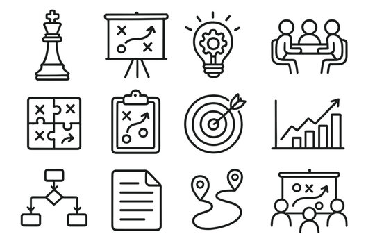 Business strategy linear icon set. featuring chess, presentation, meeting, puzzle, clipboard, target, growth, workflow, document, location