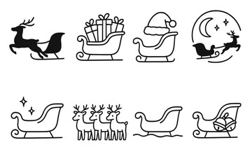 Christmas sleigh linear icon set. featuring sleigh, reindeer, gifts, santa hat, moon, stars, snow, decoration