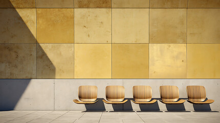 Row of wooden benches against a yellow-tiled wall in an outdoor urban setting