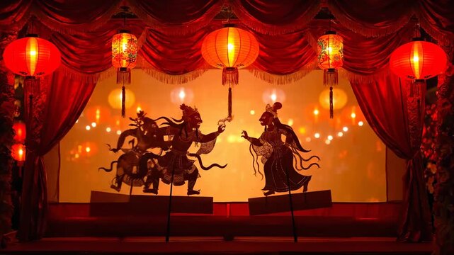 Traditional puppet show glowing lanterns cinematic UHD cultural festive celebration stock video. vintage marionette performance radiant illumination theatrical uhd folk gala.