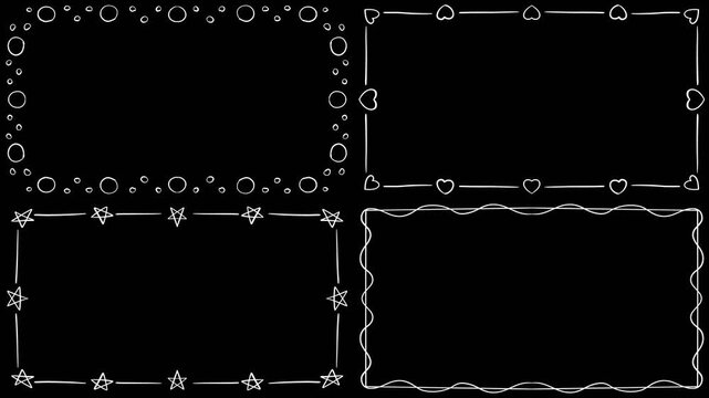 Abstract white shape frame collection set. Love, star, bubble, line border on black background animation
