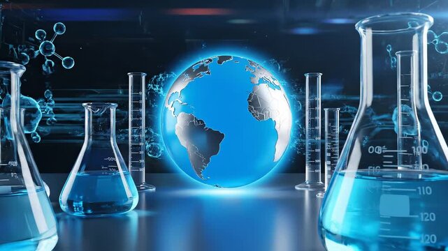 Laboratory glassware with earth hologram science research and discovery high quality professional