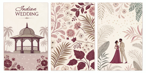 Three indian wedding themed illustrations with gazebo, floral pattern and couple in botanical frame