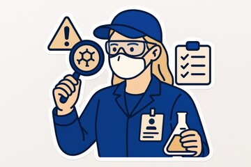 Female researcher analyzing chemical compounds with magnifying glass while showcasing laboratory safety practices and meticulous documentation in a scientifically rigorous environment