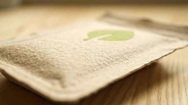 Close up compostable packaging table cinematic UHD handheld eco lifestyle sustainability stock. organic wrap tabletop filmic portable green existence renewability footage.