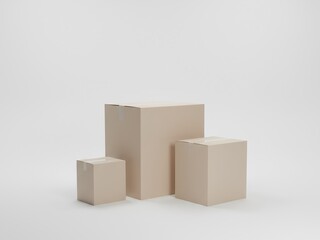 Set of three plain cardboard boxes -small, medium, large- in minimalist studio scene