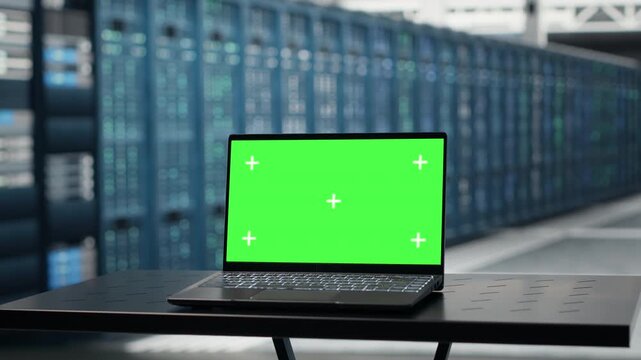 Isolated screen laptop in data center used for doing maintenance on infrastructure, improving workload. Chroma key notebook in server farm used by high tech server clusters for parallel processing