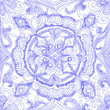uneven round seamless pattern drawn by hand with a blue ballpoint pen.
Suitable for backgrounds, textile design, packaging, web design, scrapbooking paper