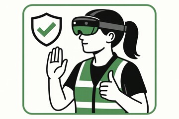Representation of a confident female professional wearing augmented reality headset demonstrating security protocols with clear visual communication and assurance in modern safety practices