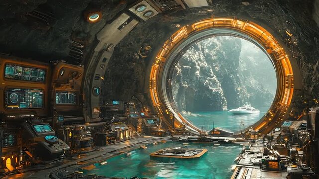 Futuristic spaceship interior with large window view