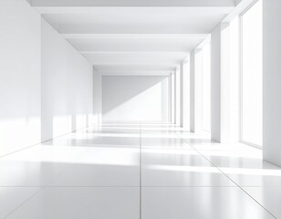 Obraz premium Minimalist Clean White Interior Architecture Long Hallway with Natural Light