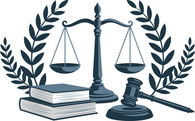 Justice scale with laurel branches, law books, and gavel vector symbolizing fairness, legal authority, and civic honor