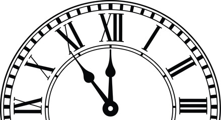 Roman numeral clock face showing 11:55 vector symbolizing time awareness, urgency, scheduling, and classic design