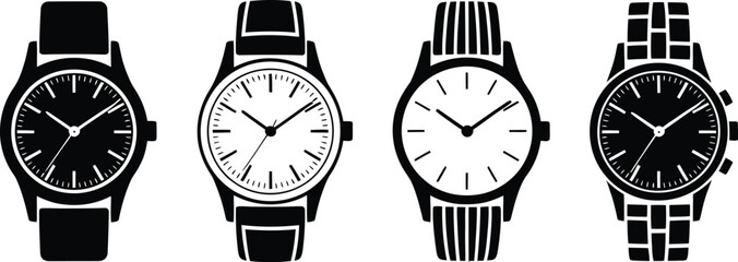 Stylized wristwatch icon set with varied faces and straps symbolizing fashion, timekeeping, and personal accessories