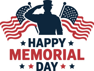 Saluting soldier with American flags and Memorial Day text vector symbolizing tribute, patriotism, and remembrance