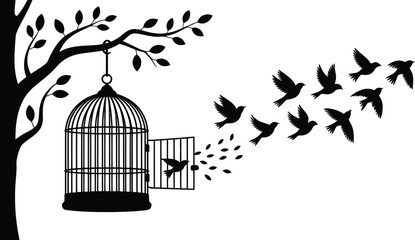 Tree with open birdcage and flying birds vector symbolizing freedom, release, emotional liberation, and mental clarity