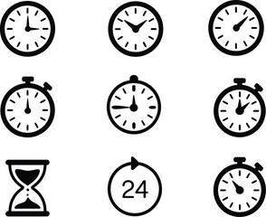 Timekeeping icon set with clocks, stopwatches, hourglass, and 24-hour symbol representing scheduling and daily routines