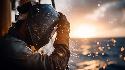 A welder at work on a ship at sunset, creating sparks in the foreground.