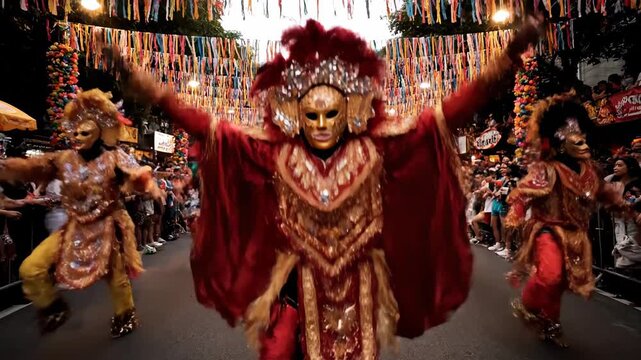Street performers masks dancing festival cinematic UHD handheld cultural celebration stock video. costumed mime artistry revelry ethnic tradition handheld footage .