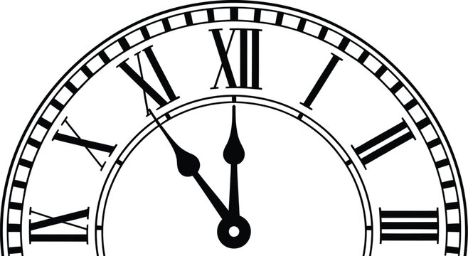 Roman numeral clock face showing 11:55 vector symbolizing time awareness, urgency, scheduling, and classic design