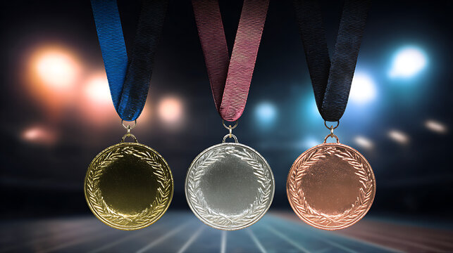 Gold, silver, and bronze medals hanging on ribbons against a stadium backdrop with spotlights