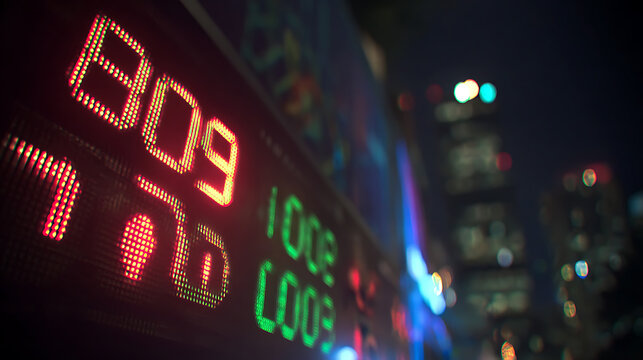 Digital stock ticker display showing numerical data at night with city lights in background