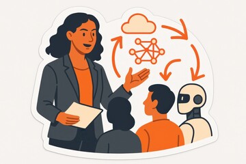 A confident female business leader presents groundbreaking ideas on artificial intelligence and technology to engage an audience while fostering innovation and collaboration in modern enterprises