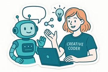 Friendly robot engages in insightful conversation about technology and creativity alongside a human coder showcasing collaboration between artificial intelligence and innovative design skills
