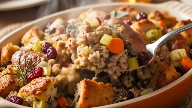 A close-up of a spoon scooping hot, homemade Thanksgiving stuffing from a casserole dish.