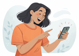 Happy woman pointing at her smartphone while smiling with a light background and orange shirt on